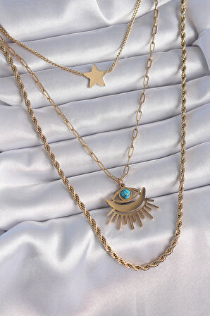Buyers Butik 316L Çelik Gold Renk 3'lü Zincir Göz Model Kadın Kolye