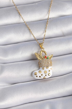 Buyers Butik 316L Çelik Gold Renk Zincir Zirkon Taşlı Yılbaşı Temalı Noel Çorabı Figür Kadın Kolye
