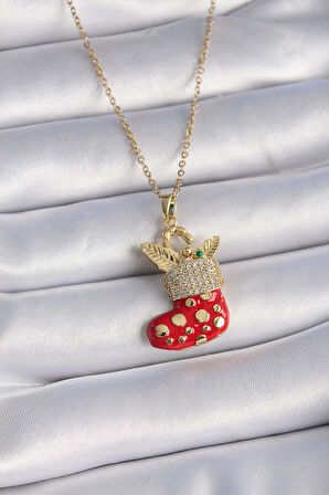 Buyers Butik 316L Çelik Gold Renk Zincir Zirkon Taşlı Kırmızı Yılbaşı Çorabı Figür Yaprak Detay Kadın Kolye