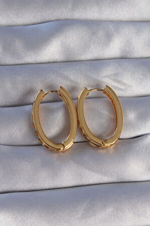 Buyers Butik Pirinç Gold Renk Zirkon Taşlı Oval Model Küpe