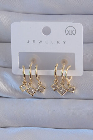 Buyers Butik Pirinç Gold Renk Zirkon Taşlı Kare Model Çoklu Görünüm Yarım Halka Küpe