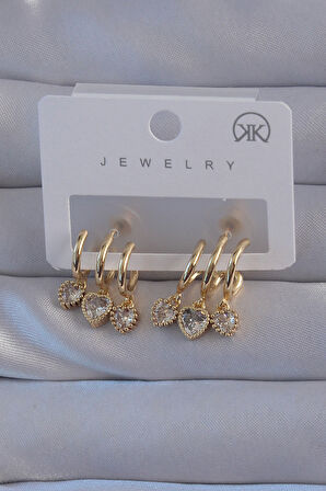 Buyers Butik Pirinç Gold Renk Zirkon Taşlı Kalp Model Çoklu Görünüm Yarım Halka Küpe