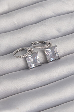 Buyers Butik Pirinç Gümüş Renk Kare Zirkon Taşlı Halka Küpe