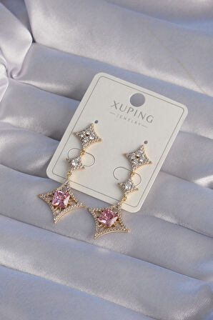 Buyers Butik XUPİNG Gold Renk Pembe Zirkon Taşlı Yıldız Model Küpe