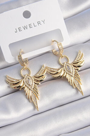 Buyers Butik Pirinç Gold Renk Zirkon Taşlı Anka Model Kadın Küpe