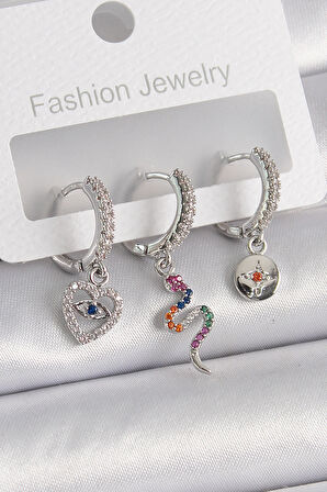 Buyers Butik Pirinç Gümüş Renk Zirkon Taşlı Yılan Kalp Figür Kadın Küpe