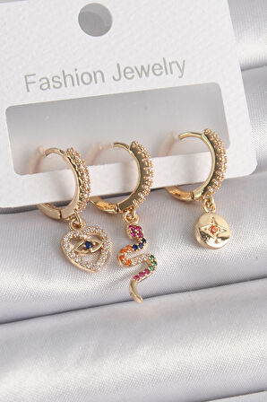 Buyers Butik Pirinç Gold Renk Zirkon Taşlı Yılan Kalp Figür Kadın Küpe