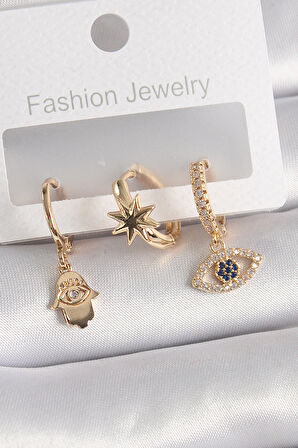 Buyers Butik Pirinç Gold Renk Zirkon Taşlı Göz Fatma Ana El Figür Kadın Küpe