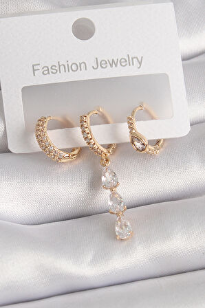 Buyers Butik Pirinç Gold RenkHalka Model Sallantı Damla Zirkon Taş Kadın Küpe