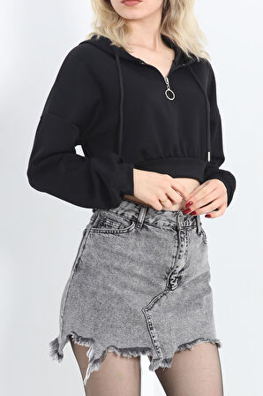 Buyers Butik Modal Kapşonlu Crop Sweat Siyah - 12885.148.