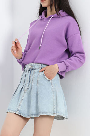 Buyers Butik Kapşonlu 3 İplik Crop Sweat Lila - 20969.1878.