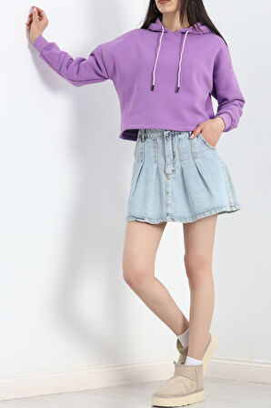 Buyers Butik Kapşonlu 3 İplik Crop Sweat Lila - 20969.1878.