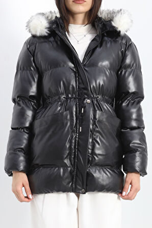 Buyers Butik Deri Görünümlü Şişme Mont Siyah - 8141.1316.