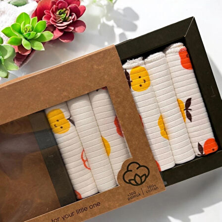 %100 Organik Pamuklu Kız - Erkek Bebek Ağız Mendili Kutulu 7'li Set Elma Desenli