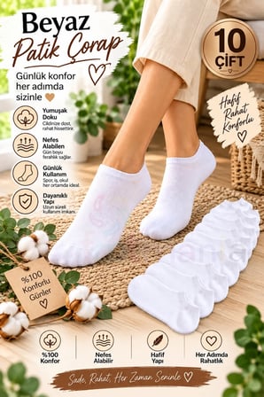 Kadın 10 Çift Beyaz Patik Çorap Seti Pamuklu