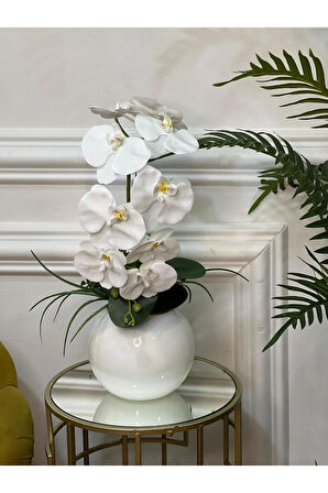 Yapay Orkideli Beyaz Cam Vazo