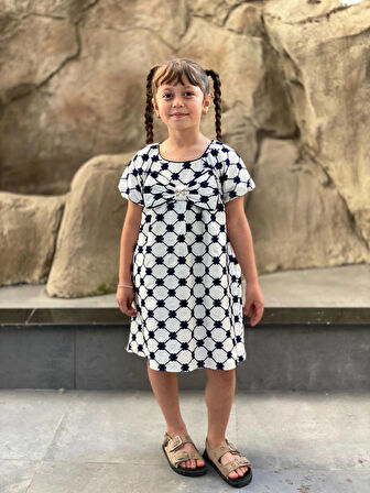 Kız Çocuk Pamuklu Çiçek Nakışlı Fiyonklu Yazlık Beyaz Elbise