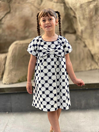 Kız Çocuk Pamuklu Çiçek Nakışlı Fiyonklu Yazlık Beyaz Elbise