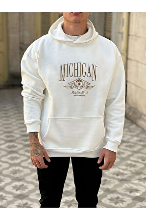 Erkek Beyaz Michigan Baskılı Kapüşonlu Hoodie