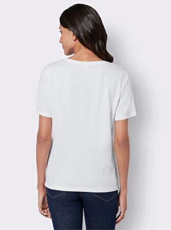 Kadın Beyaz Lovely Kalp Baskılı Pamuk Regular/Normal Kalıp Kısa Kollu Basic Bisiklet Yaka T-Shirt