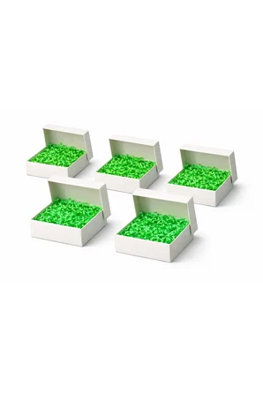 Beyaz Karton Takı Kutusu 9,5x9,5x2 cm – Kapaklı Model | 10 Adet + Yeşil Kırpık Kağıtlı