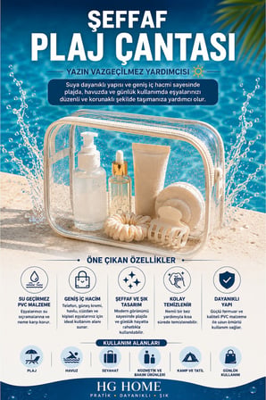 Bej Su Geçirmez Şeffaf Plaj Çantası – Tatil İçin Organizer