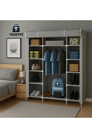 Trendmiz Çift Yandan Raflı Bez Dolap | Kumaş Gardırop | Toz Geçirmez Fermuarlı Hurç Dolap