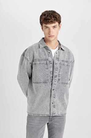DeFacto Oversize Geniş Kalıp Pamuklu Jean Uzun Kollu Basic Düz Gömlek D0449AX24AUNM18