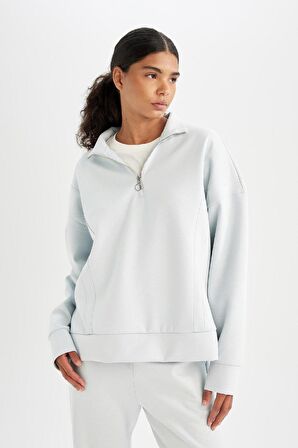 DeFactoFit Oversize Geniş Kalıp Fermuarlı Dik Yaka Skuba Dalgıç Kumaş Sporcu Basic Düz Sweatshirt C9404AX24AUBE817