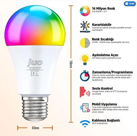 Juo Lumex Akıllı Ampul 9W Led RGB Wifi & Bluetooth