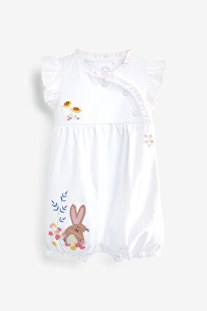 % 100 Pamuklu Beyaz Tavşan Desenli Romper 3’lü Romper Set