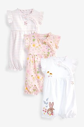 % 100 Pamuklu Beyaz Tavşan Desenli Romper 3’lü Romper Set