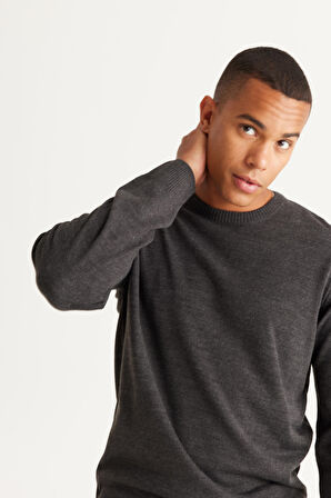 Erkek Antrasit-Melanj Standart Fit Normal Kesim Bisiklet Yaka Desenli Triko Kazak