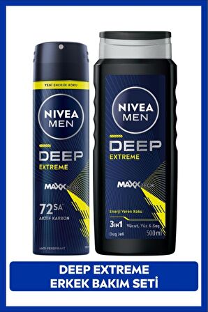 Nivea MEN Erkek Sprey Deodorant Deep Extreme 150ml, Duş Jeli Deep Extreme 500ml, Vücut Saç ve Yüz İçin