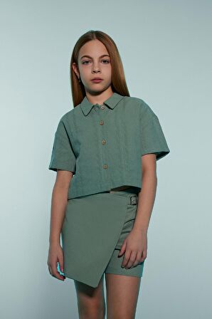DeFacto Kız Çocuk Cropped Fit Keten Kısa Kollu Gömlek D9143A825SMGN1107