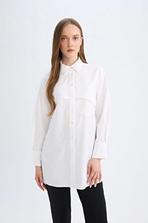 DeFacto Relax Fit Gömlek Yaka Poplin Basic Düz Uzun Kollu Beyaz Gömlek Tunik D4773AX24AUWT34