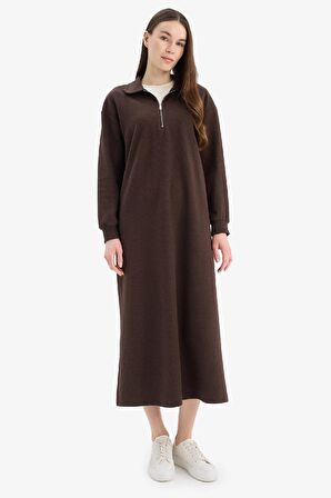 DeFacto Loose Fit Fermuarlı Polo Yaka Selanik Kumaş Basic Düz Uzun Kollu Midi Elbise F1640AX25SPBN595
