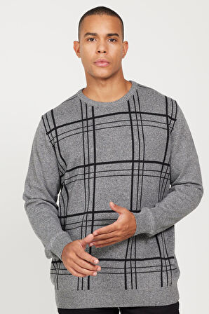 Erkek Gri-Ekru Recycle Standart Fit Normal Kesim Yarım Balıkçı Yaka Pamuklu Desenli Triko Kazak