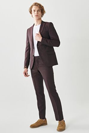 Erkek Bordo-gri Ekstra Slim Fit Dar Kesim Mono Yaka Su Ve Leke Tutmayan Nano Takım Elbise