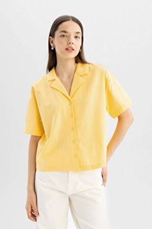 DeFacto Coool Oversize Geniş Kalıp Pijama Yaka Flamlı Pamuk Kısa Kollu Gömlek C0743AX24SMYL170
