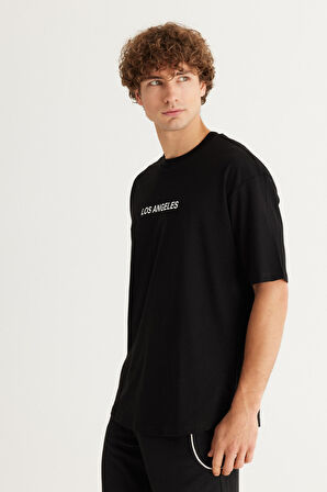 Erkek Siyah Long Fit %100 Pamuk Oval Kesim Bisiklet Yaka Los Angeles Baskılı Kısa Kollu Tişört