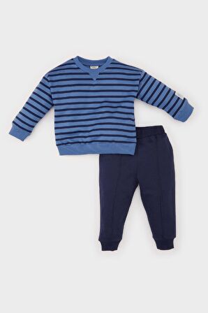 DeFacto Erkek Bebek 2'li Takım Bisiklet Yaka Çizgili Sweatshirt Beli Lastikli Eşofman Altı D7750A525SPNV256