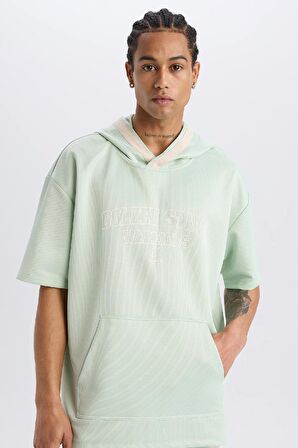 DeFactoFit NBA Golden State Warriors Oversize Geniş Kalıp Kapüşonlu Kısa Kollu Waffle Tişört D8612AX25SPGN1000