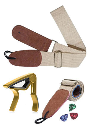 Midex HG22C Krem Renk Gitar Omuz Askısı Metal Siyah Capo Pena Paketi