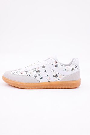 Dijital Baskı Kadın Bej-Çiçek Sneaker Ayakkabı