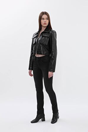 Kadın Çift Düğmeli Siyah Düz Jean Pantolon