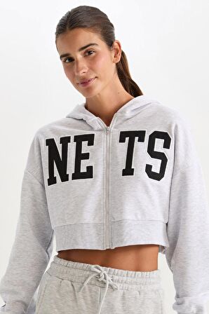 DeFactoFit NBA Brooklyn Nets Crop Kalın Fermuarlı Sweatshirt D2362AX24AUGR379