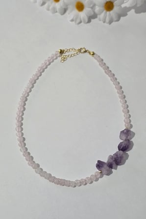 SERTİFİKALI 6 MM PEMBE KUVARS , HAM AMETİST DOĞALTAŞ KOLYE 