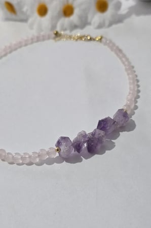SERTİFİKALI 6 MM PEMBE KUVARS , HAM AMETİST DOĞALTAŞ KOLYE 