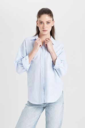 DeFacto Oversize Geniş Kalıp Çizgili Oxford Uzun Kollu Gömlek D4015AX24AUBE306